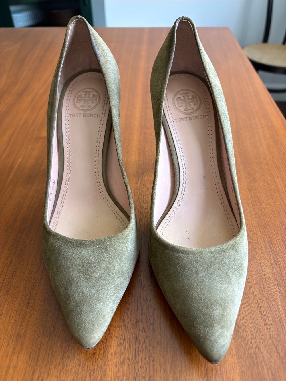 Tory Burch Olive Suede Pointed-Toe Pumps